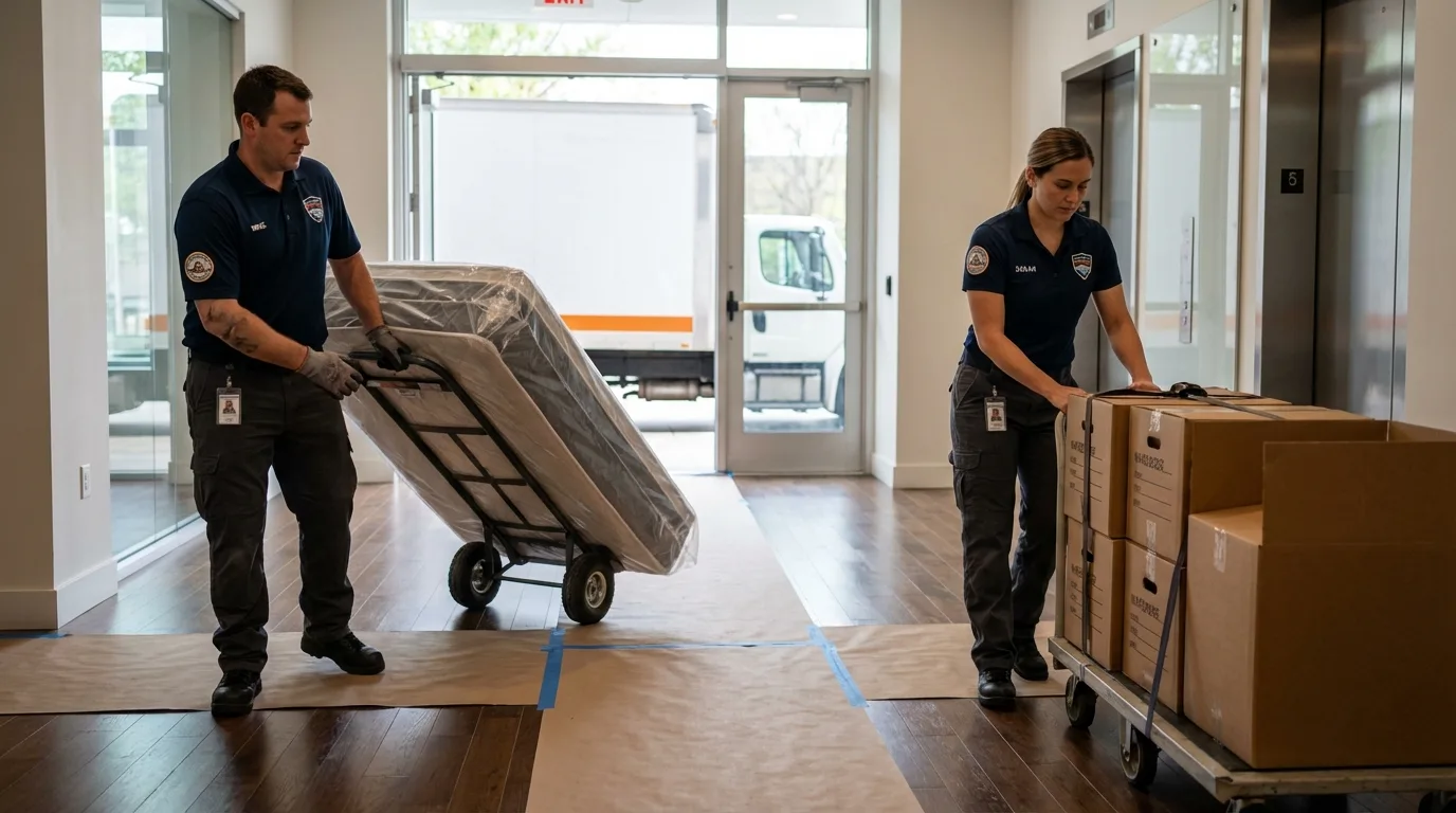 Professional apartment movers loading elevator in Bentonville, AR