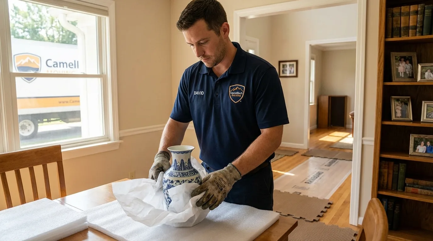 Professional crew carefully wrapping antique vase for senior downsizing move in Bentonville, AR